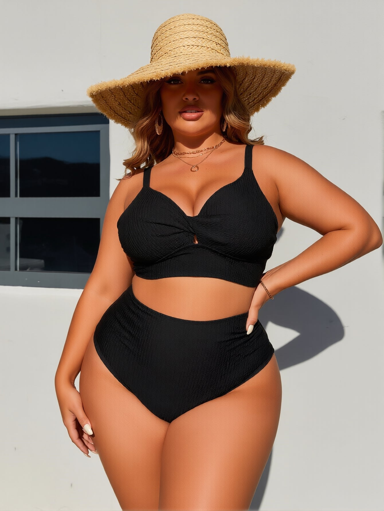 JingJing Black Textured Plus Size Bikini with Keyhole Detail