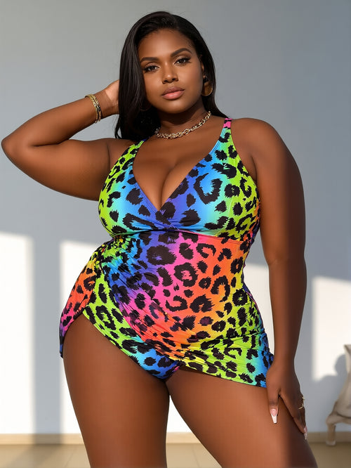 Adjustable Strap Multicolor Leopard Swim Dress 中文标题