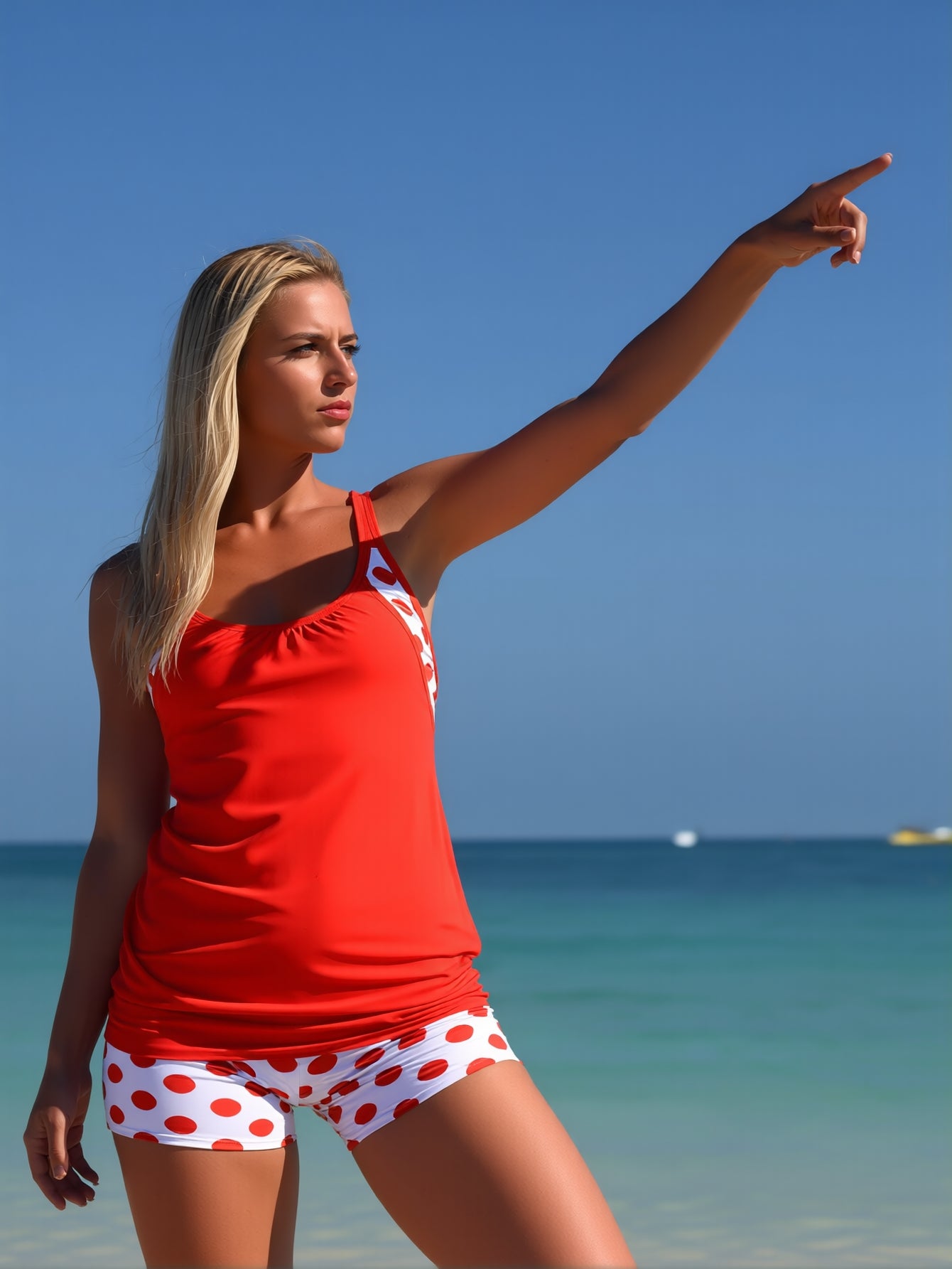 Double-Strap Red Tankini + Polka Dot Boyshort Set
