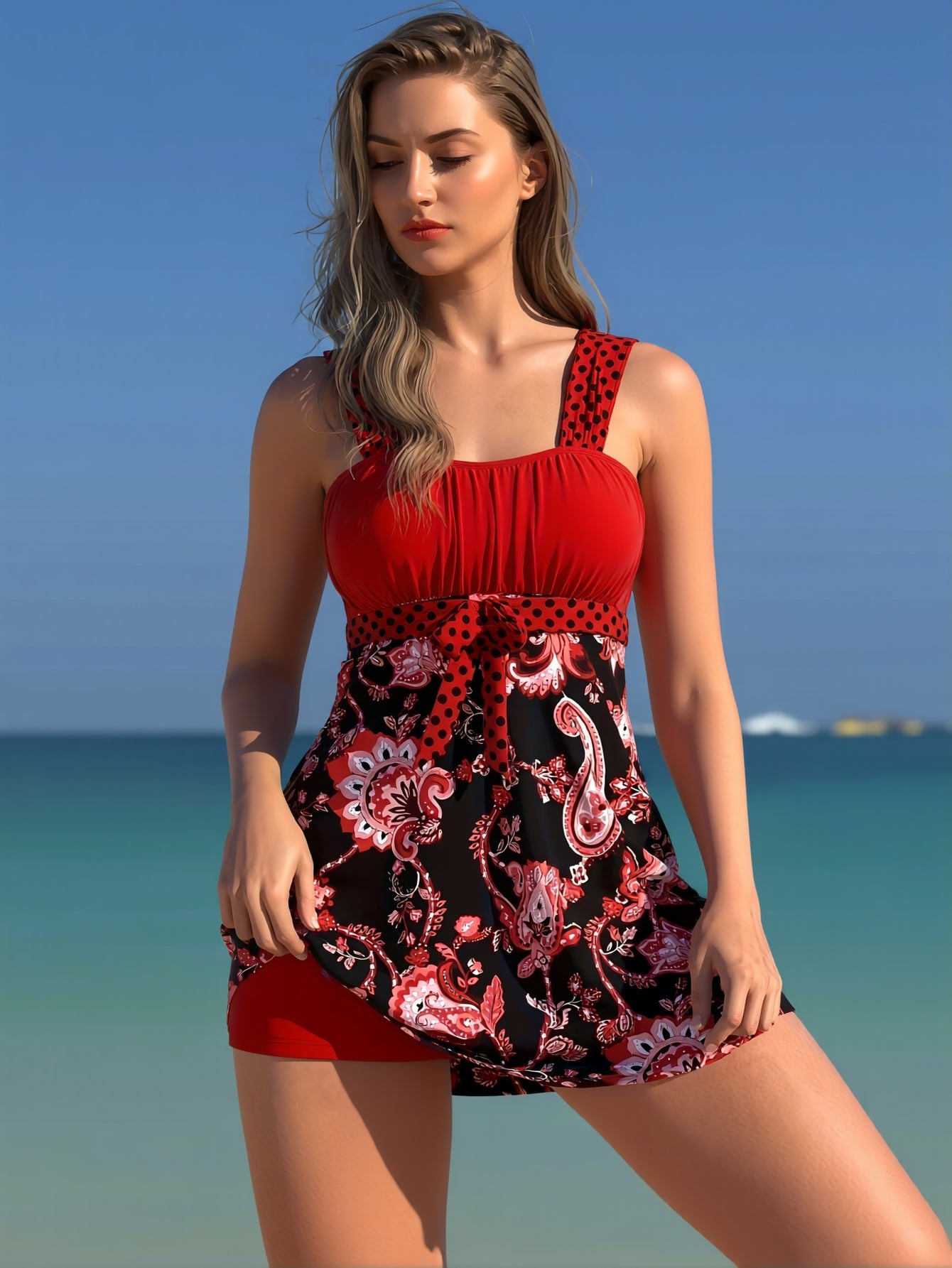 Elegant Red-Top Paisley Swim Dress for Modest Coverage