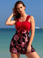 Elegant Red-Top Paisley Swim Dress for Modest Coverage