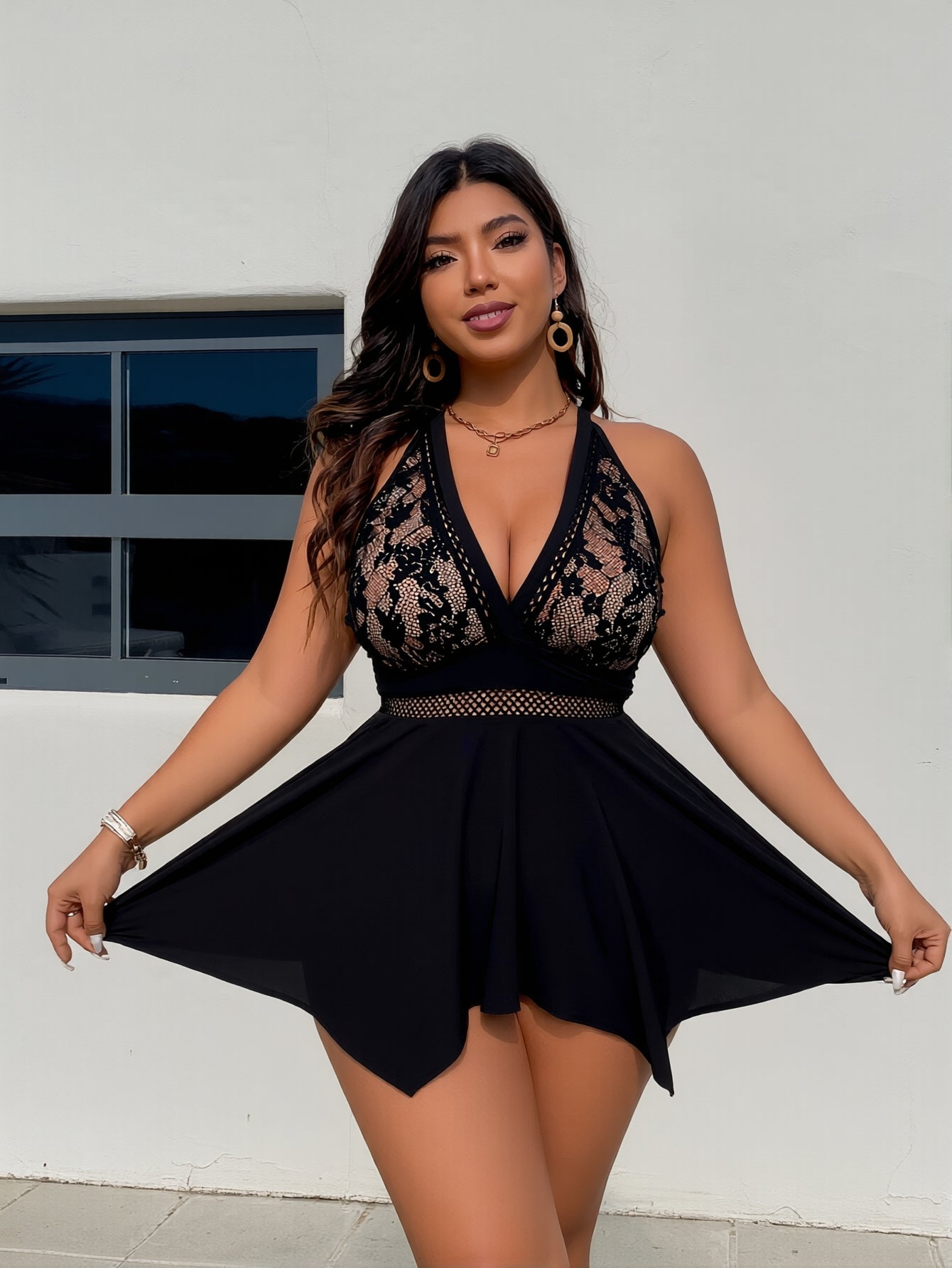 Elegant Lace & Mesh Detail Swim Dress for Curvy Women