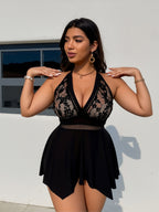 Elegant Lace & Mesh Detail Swim Dress for Curvy Women