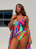 Colorful Abstract Swirl Halter Swimsuit with Matching Wrap Skirt