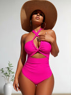 JingJing Hot Pink Halter Cutout One-Piece Swimsuit