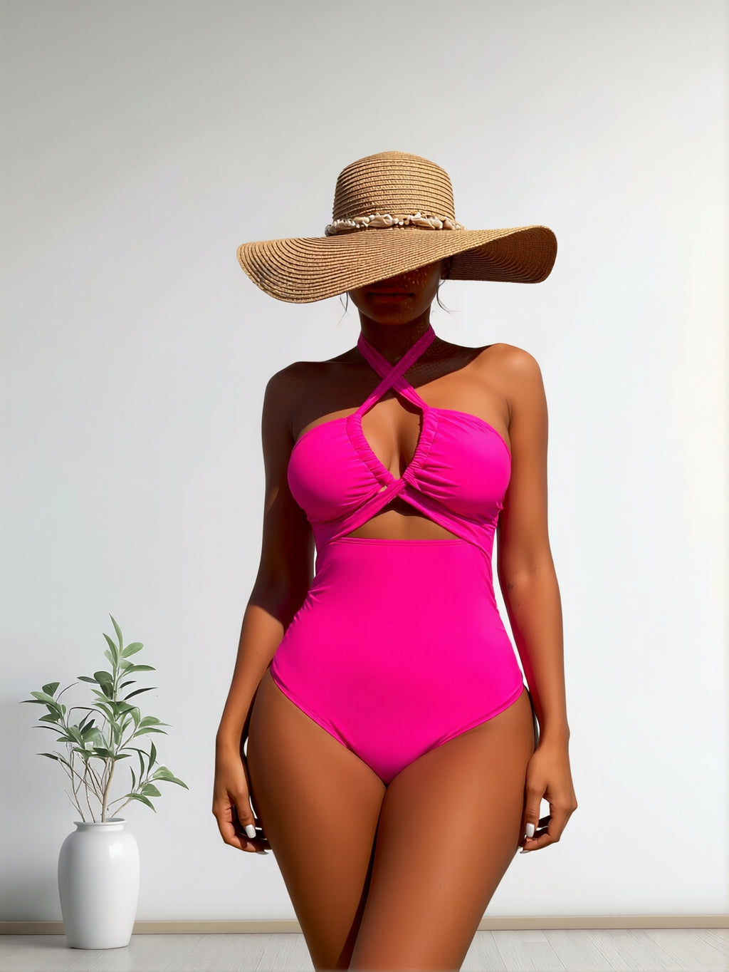 Hot Pink Crisscross Halter Cutout One-Piece Swimsuit