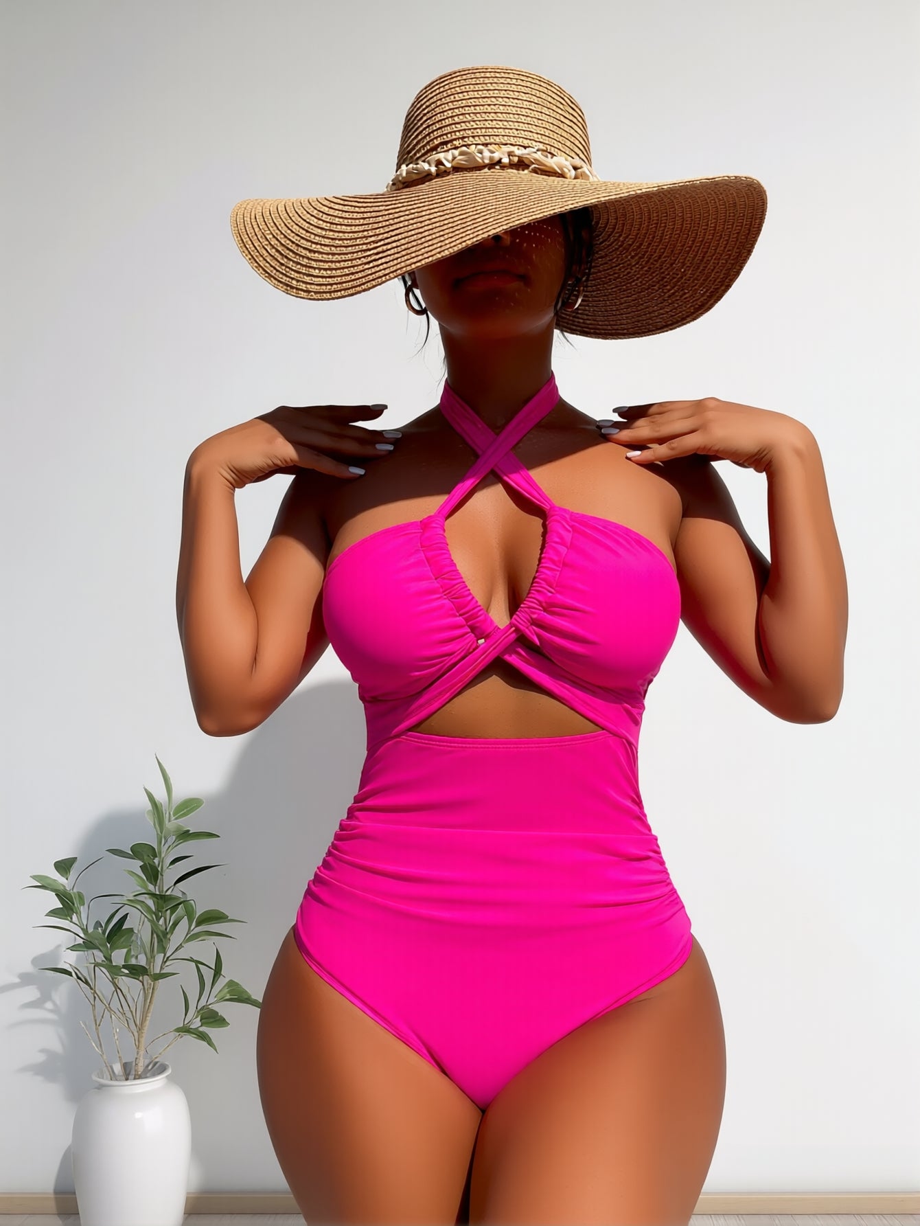 Hot Pink Crisscross Halter Cutout One-Piece Swimsuit