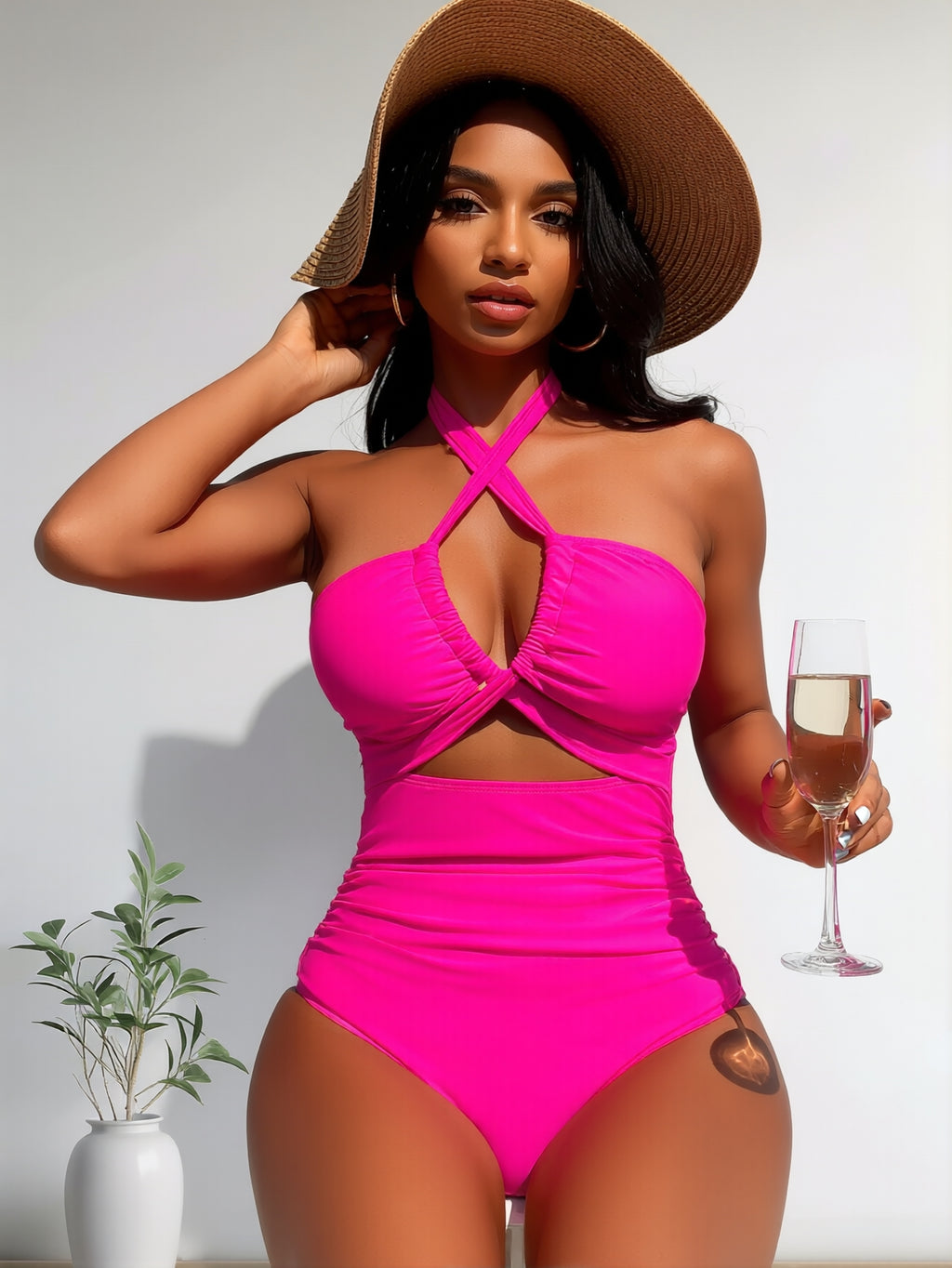 Hot Pink Crisscross Halter Cutout One-Piece Swimsuit