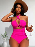 Hot Pink Crisscross Halter Cutout One-Piece Swimsuit