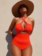 JingJing Crisscross Halter Neck Orange One-Piece Swimsuit with Waist Cutout