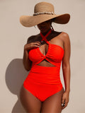 JingJing Crisscross Halter Neck Orange One-Piece Swimsuit with Waist Cutout
