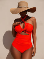 JingJing Crisscross Halter Neck Orange One-Piece Swimsuit with Waist Cutout