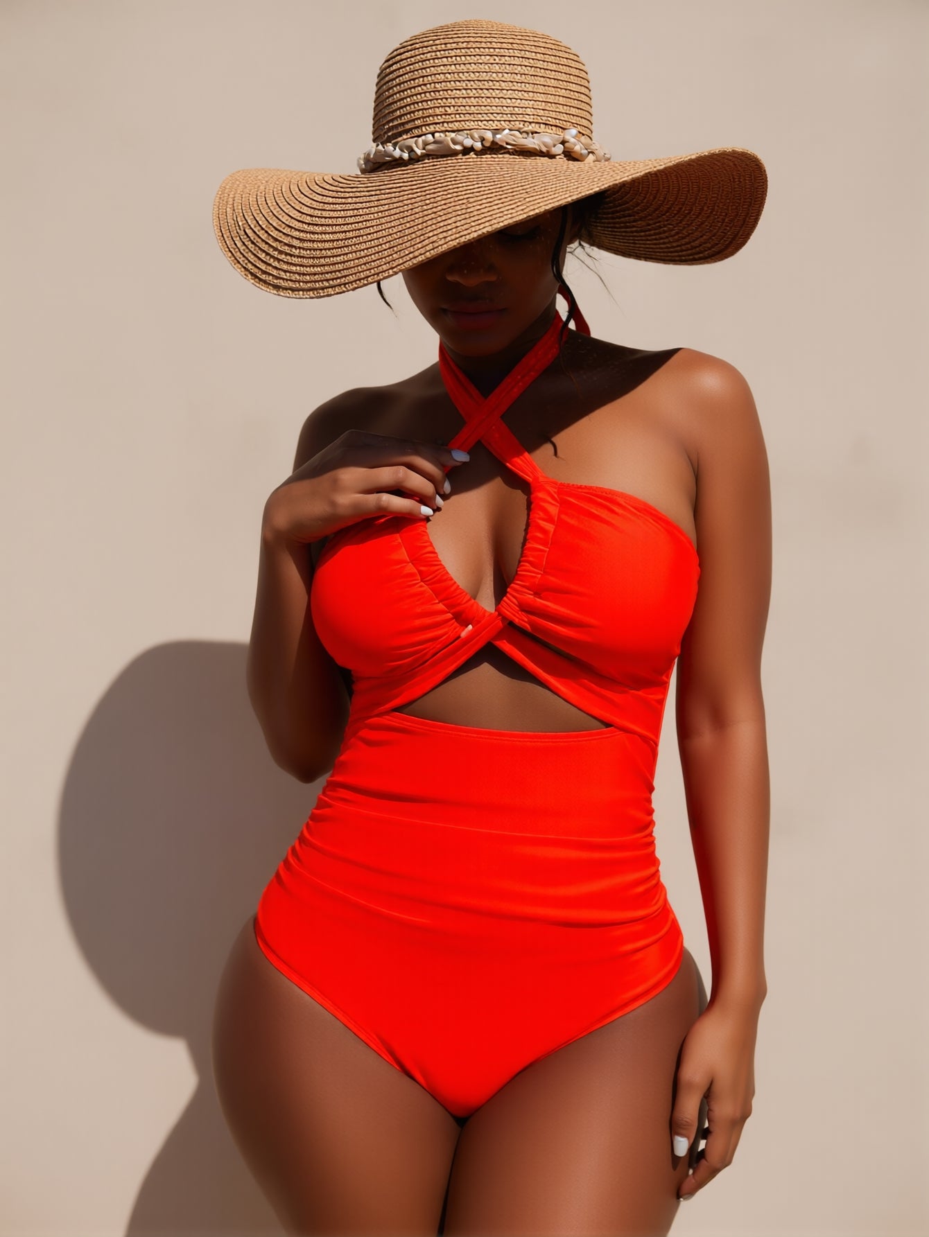 JingJing Crisscross Halter Neck Orange One-Piece Swimsuit with Waist Cutout