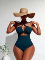 Deep Teal Tummy Control Swimsuit with Keyhole and Cross Straps