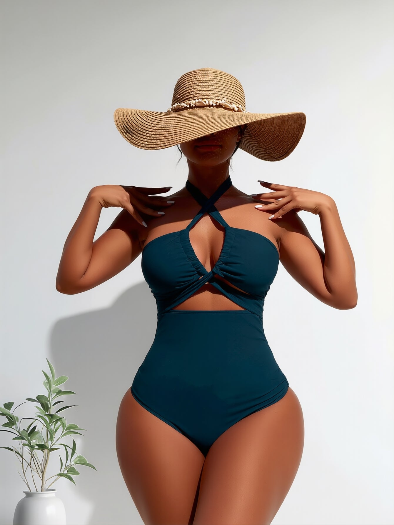 Deep Teal Tummy Control Swimsuit with Keyhole and Cross Straps