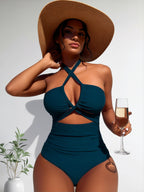Deep Teal Tummy Control Swimsuit with Keyhole and Cross Straps