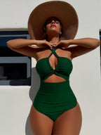 JingJing High-Cut One-Piece Swimsuit with Crisscross Halter Straps