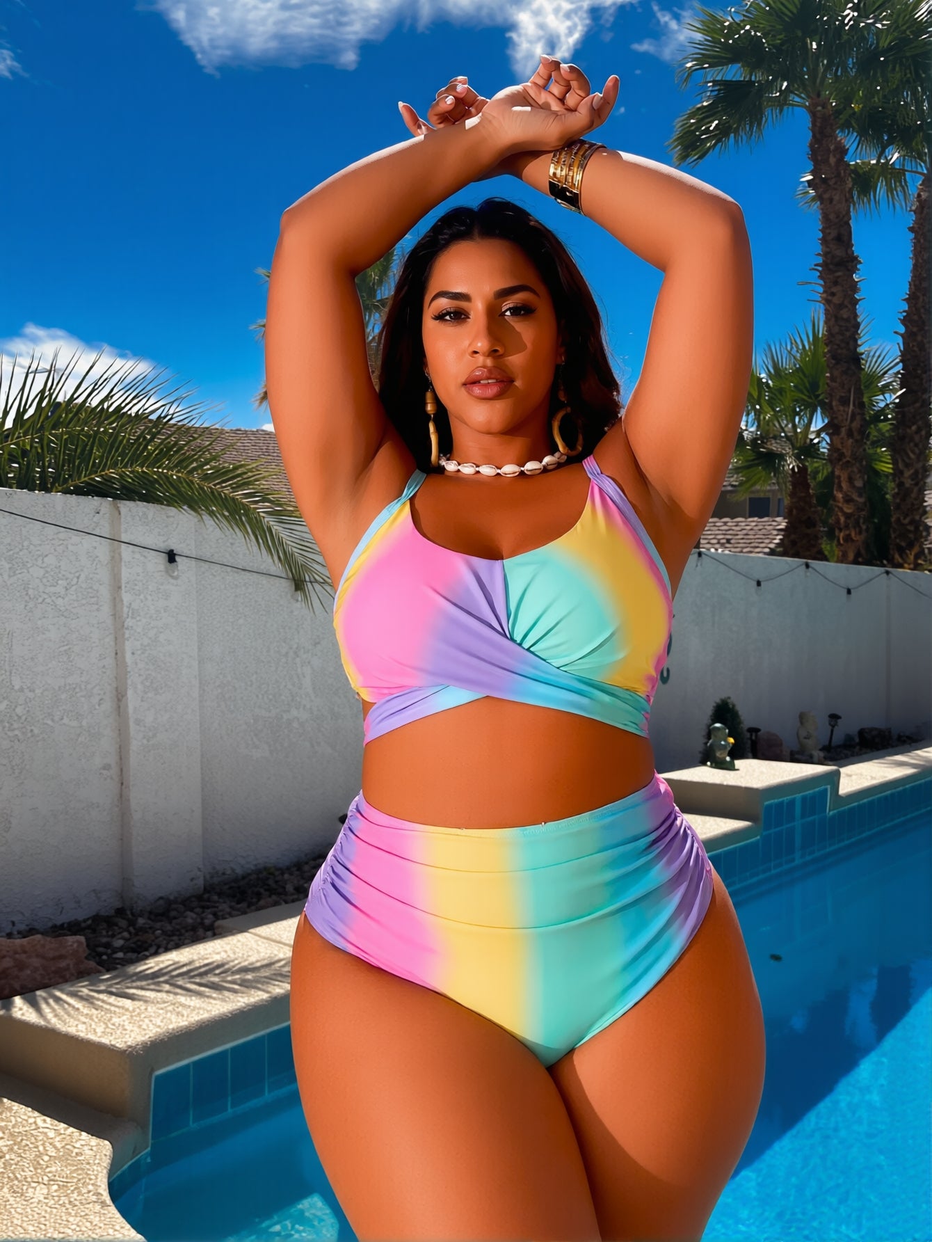 JingJing Colorful Gradient High-Waisted Bikini for Curvy Figures