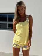 JingJing 2-Piece Tankini with Ribbed Yellow Top & Floral Swim Shorts