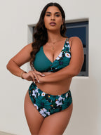 Emerald Green Wrap Bikini Top with Floral High-Waisted Bottom