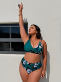 Emerald Green Wrap Bikini Top with Floral High-Waisted Bottom