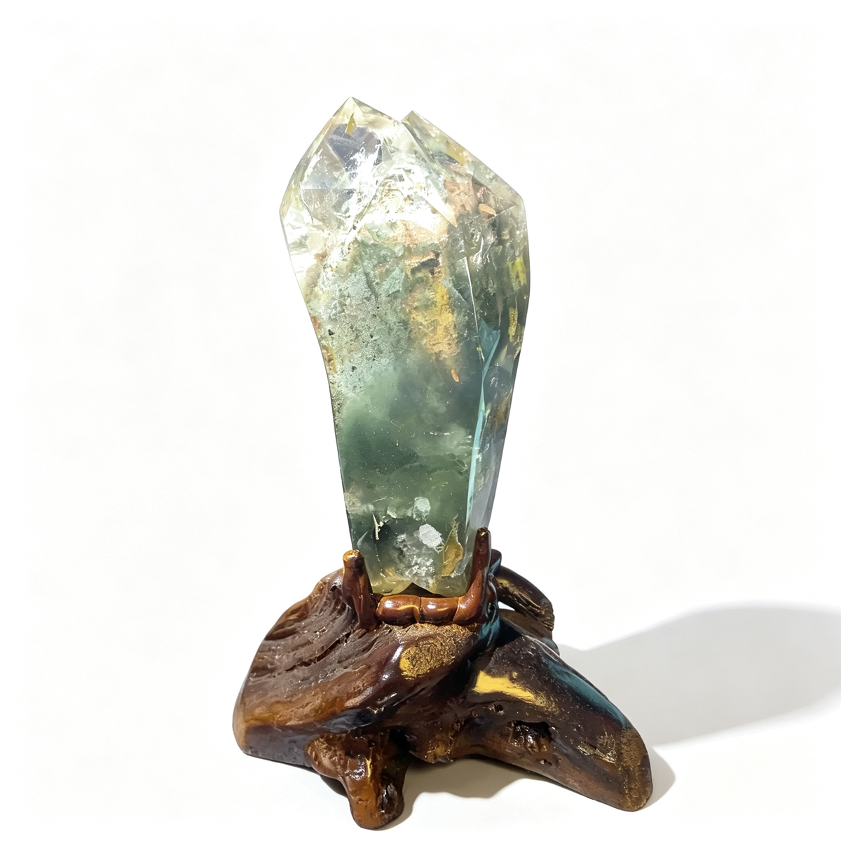 Natural Green Phantom Quartz Crystal Tower, Double Terminated Point with Hand Carved Wooden Base, Lodolite Garden Quartz Healing Crystal Wand for Home Decor Meditation Reiki Spiritual Gift