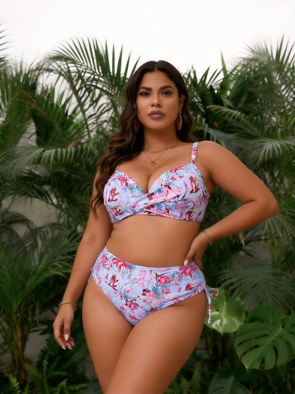 Soft Pink Floral Bikini with Adjustable Side Tie Bottom