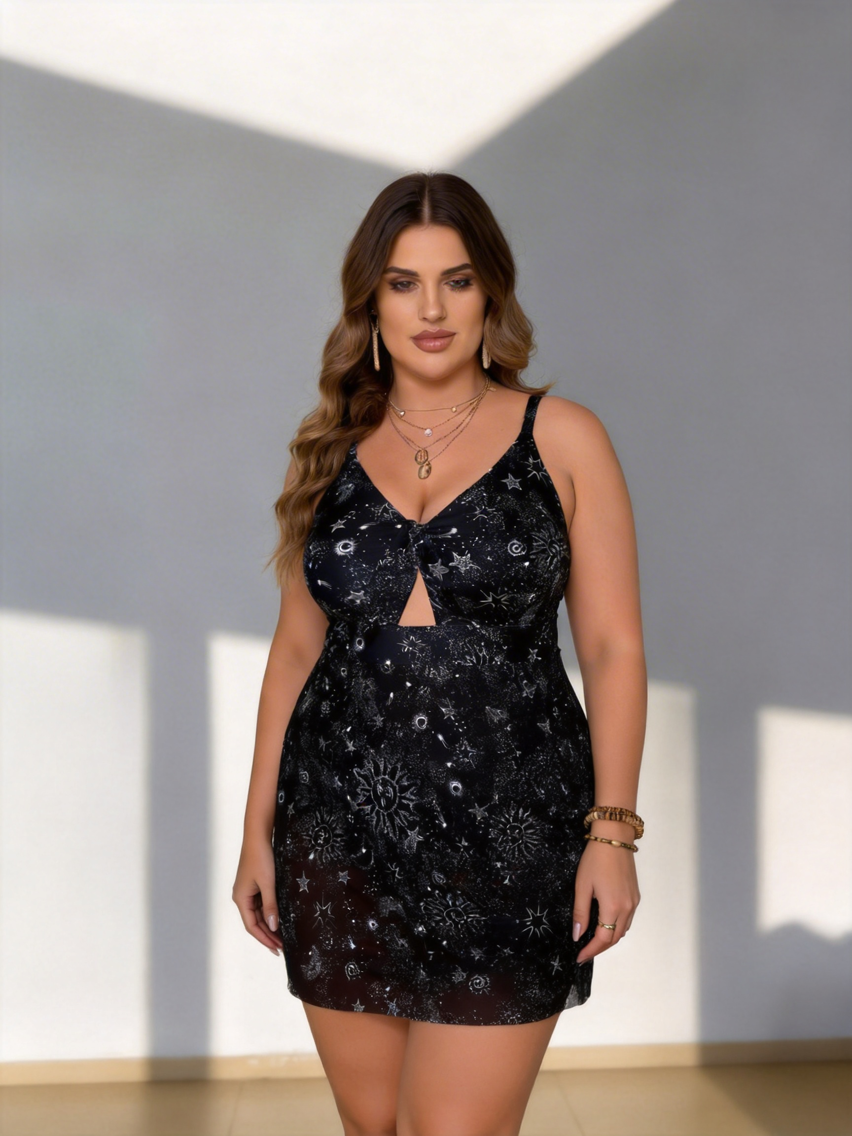 Black Star & Moon Swim Cover-Up Dress with V-Neck