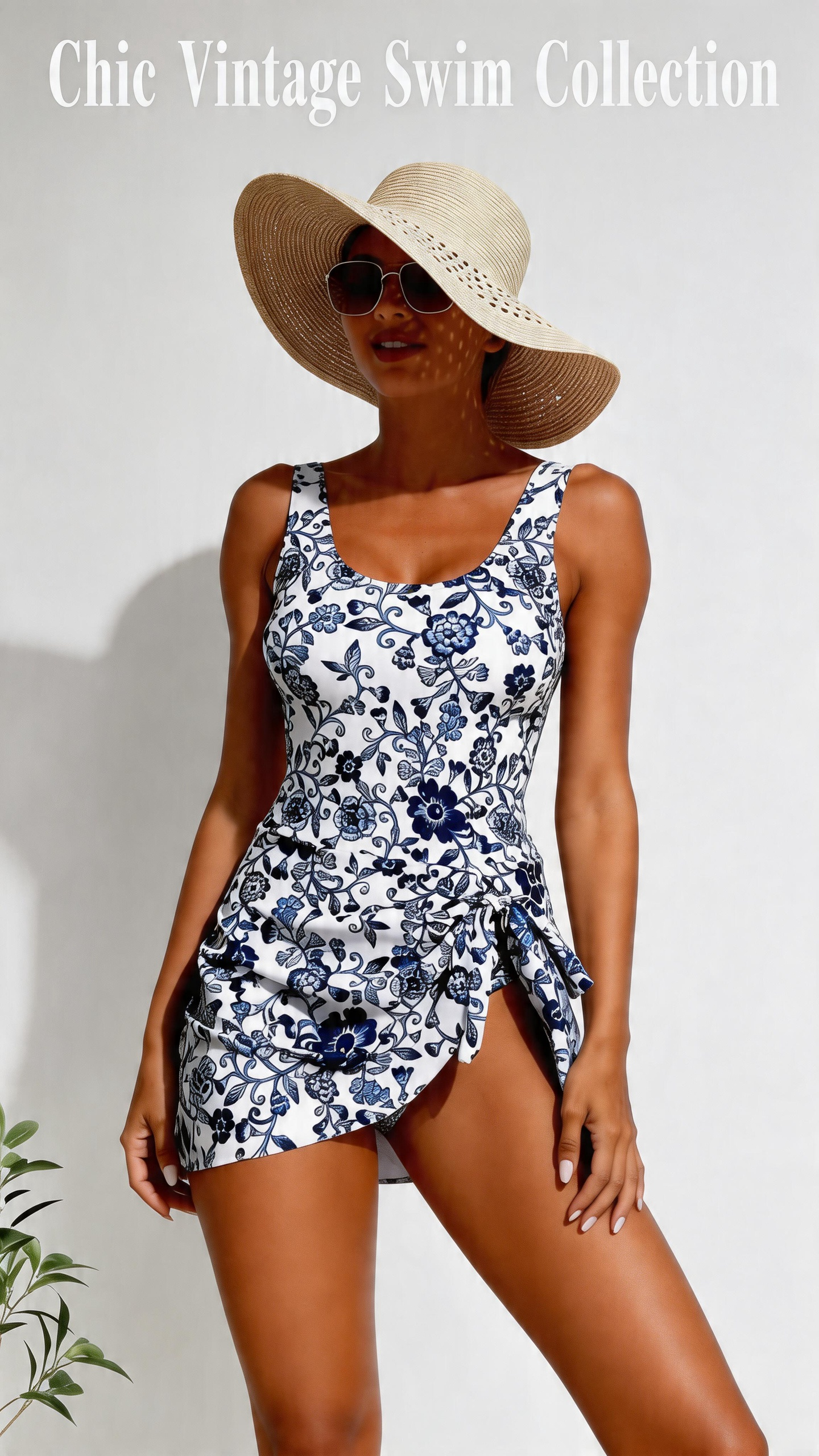 JingJing Blue Floral Print Swim Dress One-Piece Swimsuit