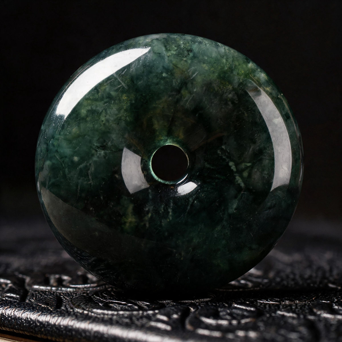 Natural Burmese Dark Green Moss Grade‑A Jadeite Safety Buckle Pendant, Chinese Ping An Kou Donut‑Shaped Protection Talisman Necklace for Men Women