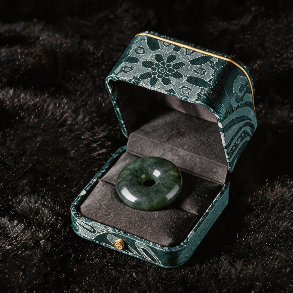 Natural Burmese Dark Green Moss Grade‑A Jadeite Safety Buckle Pendant, Chinese Ping An Kou Donut‑Shaped Protection Talisman Necklace for Men Women