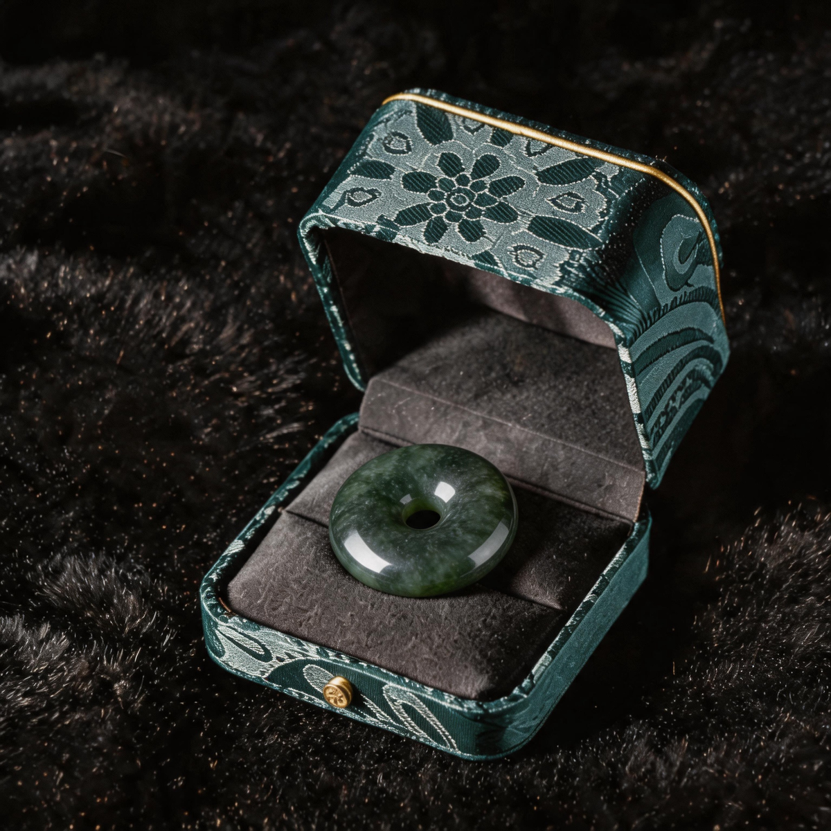 Natural Burmese Dark Green Moss Grade‑A Jadeite Safety Buckle Pendant, Chinese Ping An Kou Donut‑Shaped Protection Talisman Necklace for Men Women