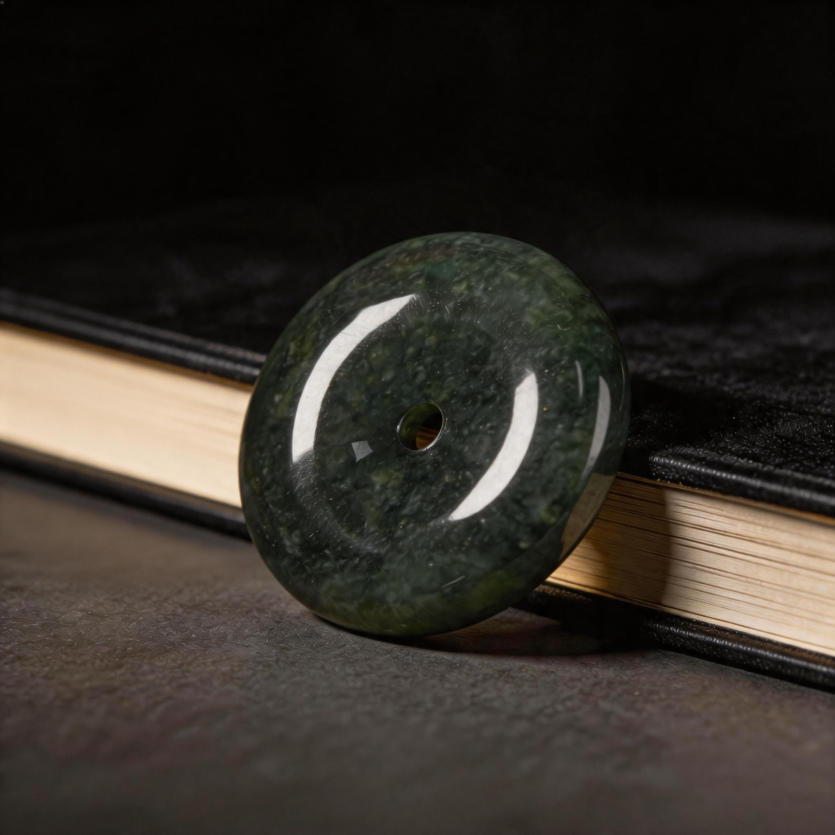 Natural Burmese Dark Green Moss Grade‑A Jadeite Safety Buckle Pendant, Chinese Ping An Kou Donut‑Shaped Protection Talisman Necklace for Men Women