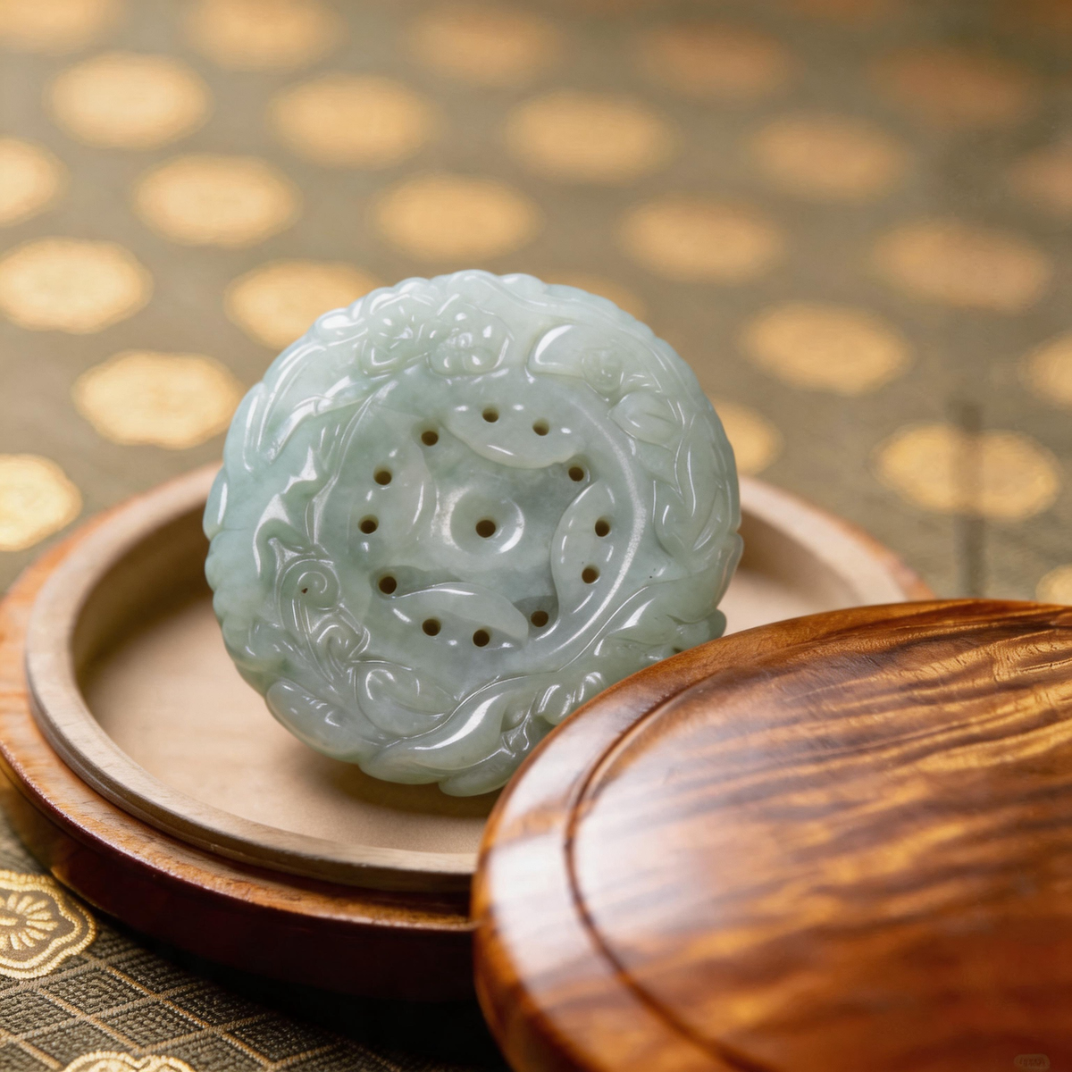 Natural Burmese Pale White‑Green Grade‑A Jadeite Open‑Work Hollow‑Carved Floral Round Pendant, Vintage Chinese Jade Medallion Necklace Charm for Men Women