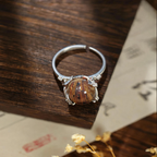 Natural Golden‑Brown Rutilated Quartz Round Ring, Vintage Ornate Silver‑Plated Setting, Handcrafted Hair Crystal Statement Ring for Women