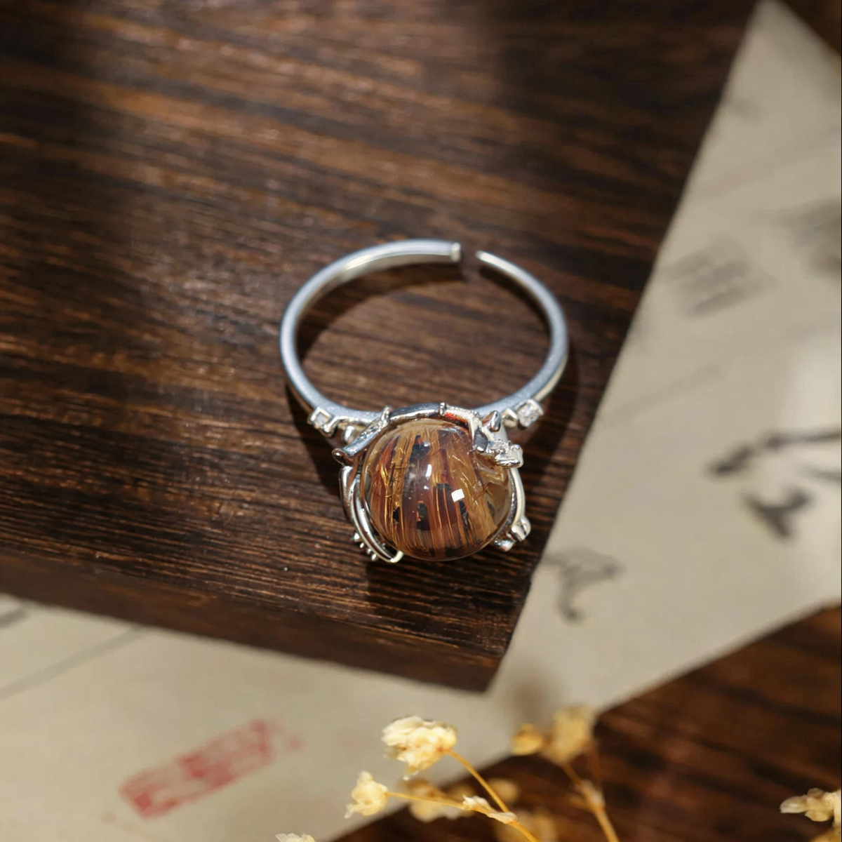 Natural Golden‑Brown Rutilated Quartz Round Ring, Vintage Ornate Silver‑Plated Setting, Handcrafted Hair Crystal Statement Ring for Women