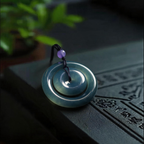 Natural Burmese Blue‑Green Grade‑A Jadeite Nested Double‑Ring Safety Buckle Pendant, Ping An Kou Protection Talisman Necklace with Cord for Men Women