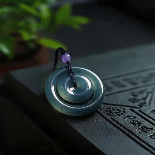 Natural Burmese Blue‑Green Grade‑A Jadeite Nested Double‑Ring Safety Buckle Pendant, Ping An Kou Protection Talisman Necklace with Cord for Men Women