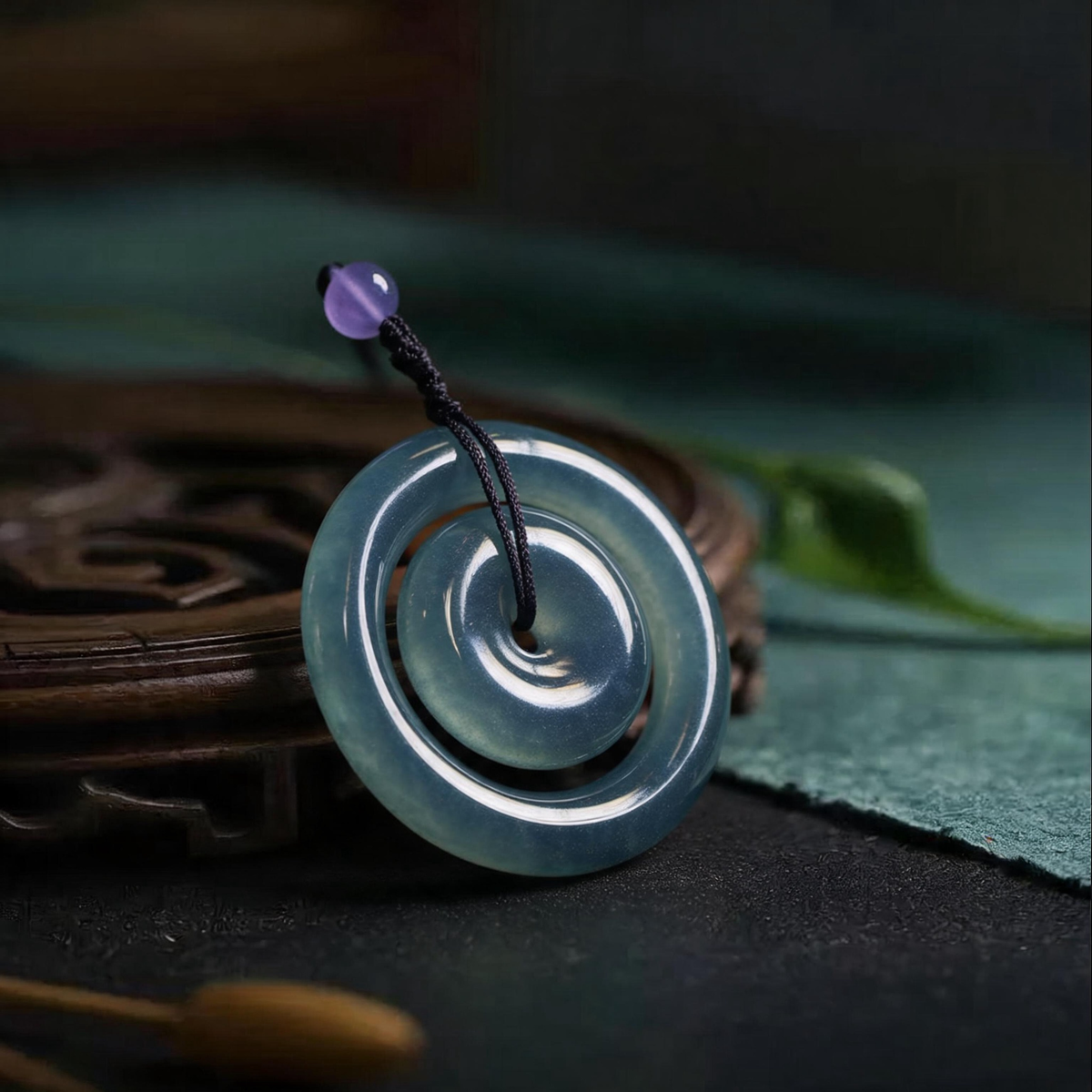 Natural Burmese Blue‑Green Grade‑A Jadeite Nested Double‑Ring Safety Buckle Pendant, Ping An Kou Protection Talisman Necklace with Cord for Men Women