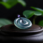 Natural Burmese Blue‑Green Grade‑A Jadeite Nested Double‑Ring Safety Buckle Pendant, Ping An Kou Protection Talisman Necklace with Cord for Men Women