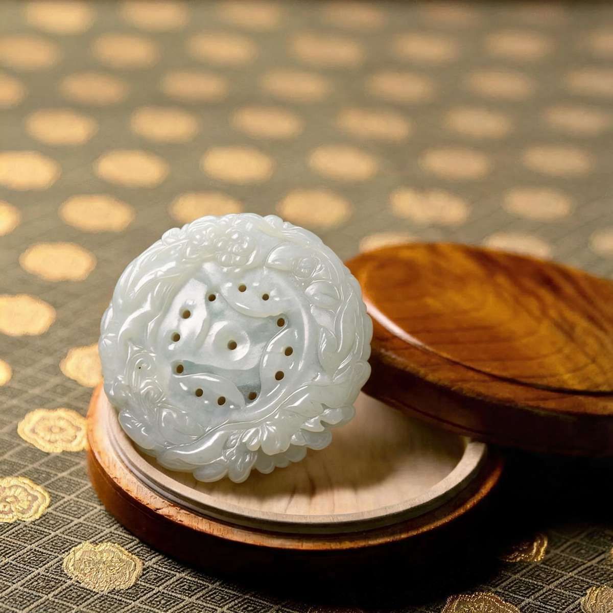 Natural Burmese Pale White‑Green Grade‑A Jadeite Open‑Work Hollow‑Carved Floral Round Pendant, Vintage Chinese Jade Medallion Necklace Charm for Men Women