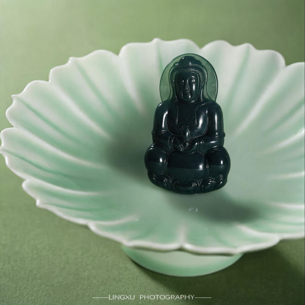 Natural Black Jadeite Guan Yin Pendant, Hand‑Carved Kwan Yin Amulet, Chinese Spiritual Jade Necklace Charm