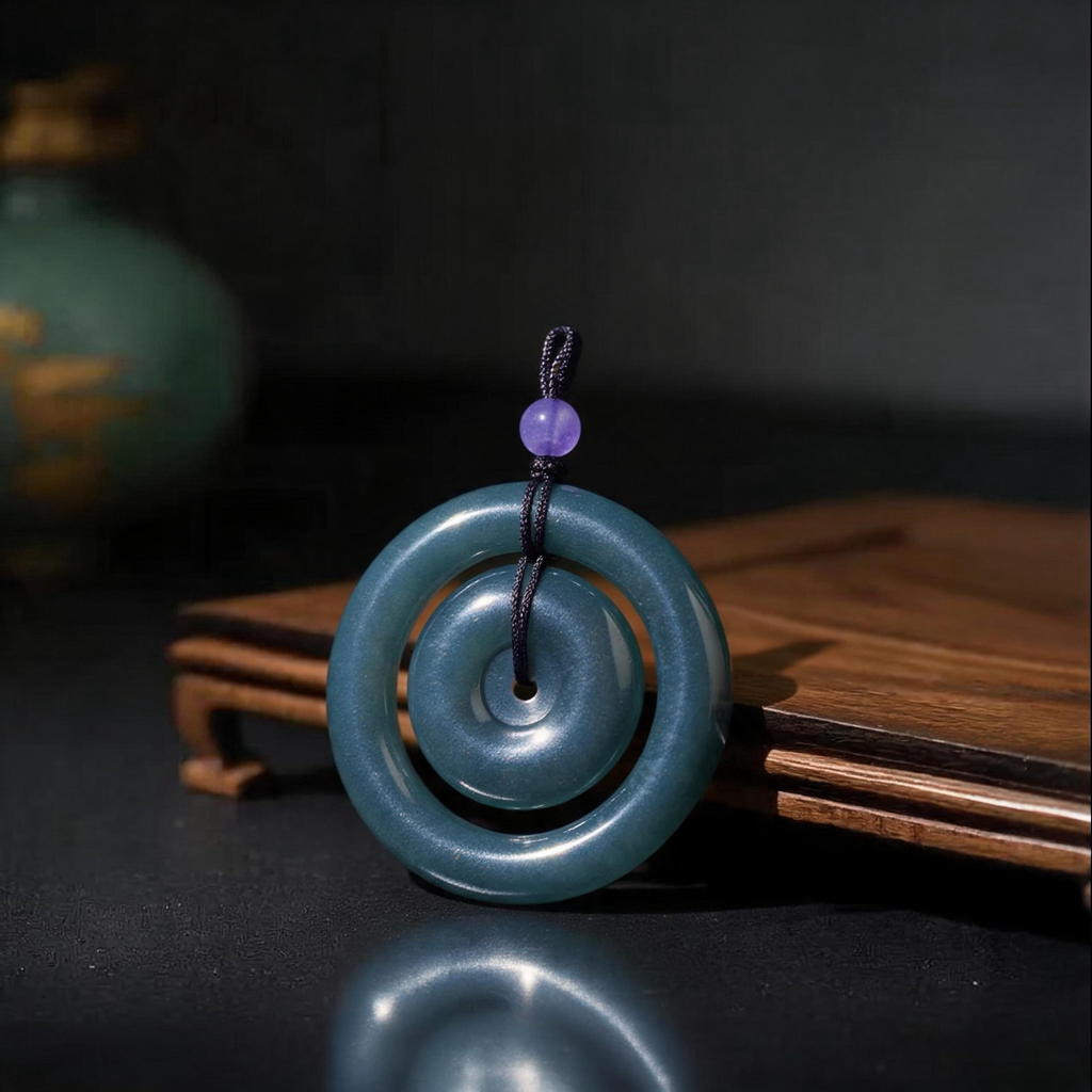 Natural Burmese Blue‑Green Grade‑A Jadeite Nested Double‑Ring Safety Buckle Pendant, Ping An Kou Protection Talisman Necklace with Cord for Men Women