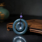 Natural Burmese Blue‑Green Grade‑A Jadeite Nested Double‑Ring Safety Buckle Pendant, Ping An Kou Protection Talisman Necklace with Cord for Men Women