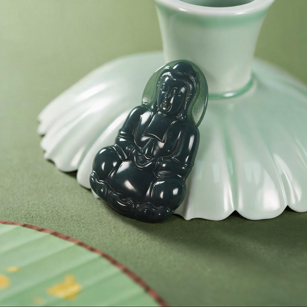Natural Black Jadeite Guan Yin Pendant, Hand‑Carved Kwan Yin Amulet, Chinese Spiritual Jade Necklace Charm
