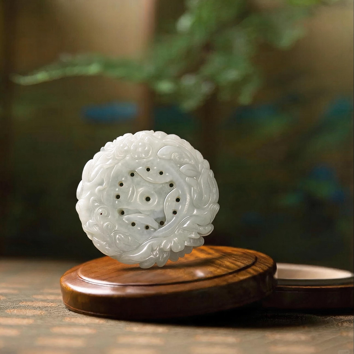 Natural Burmese Pale White‑Green Grade‑A Jadeite Open‑Work Hollow‑Carved Floral Round Pendant, Vintage Chinese Jade Medallion Necklace Charm for Men Women