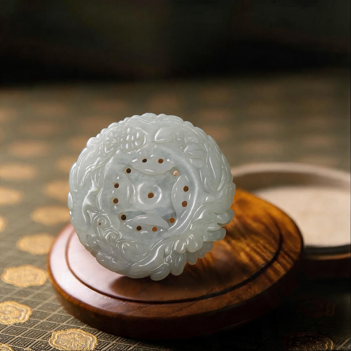 Natural Burmese Pale White‑Green Grade‑A Jadeite Open‑Work Hollow‑Carved Floral Round Pendant, Vintage Chinese Jade Medallion Necklace Charm for Men Women