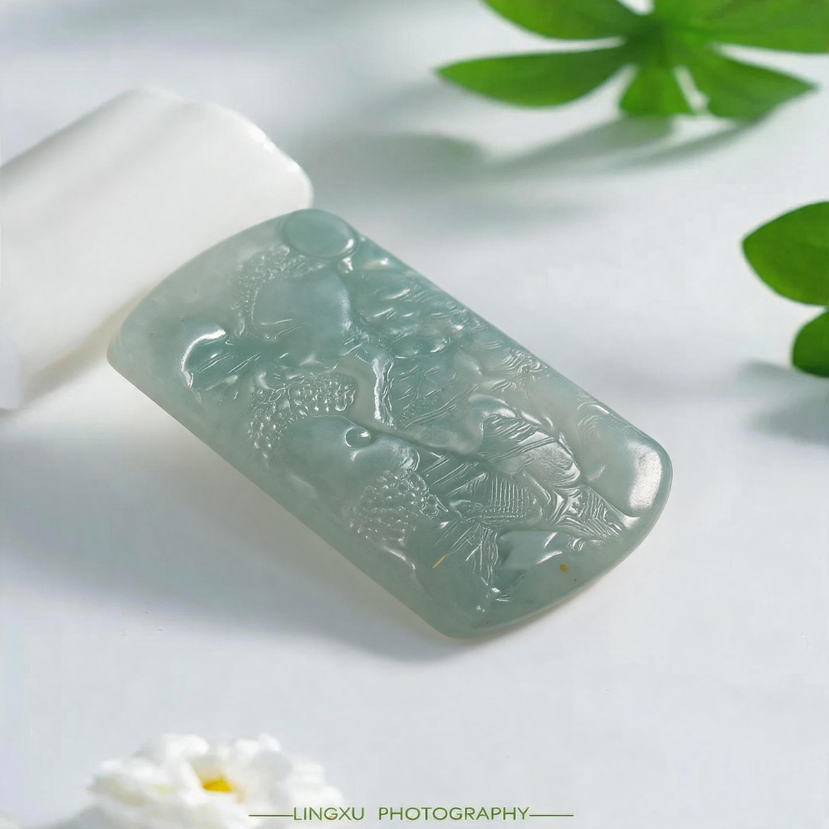 Natural Burmese Light Blue‑Green Grade‑A Jadeite Hand‑Carved Landscape Plaque Pendant, Traditional Chinese Mountain‑River Scenery Jade Necklace Charm for Men Women