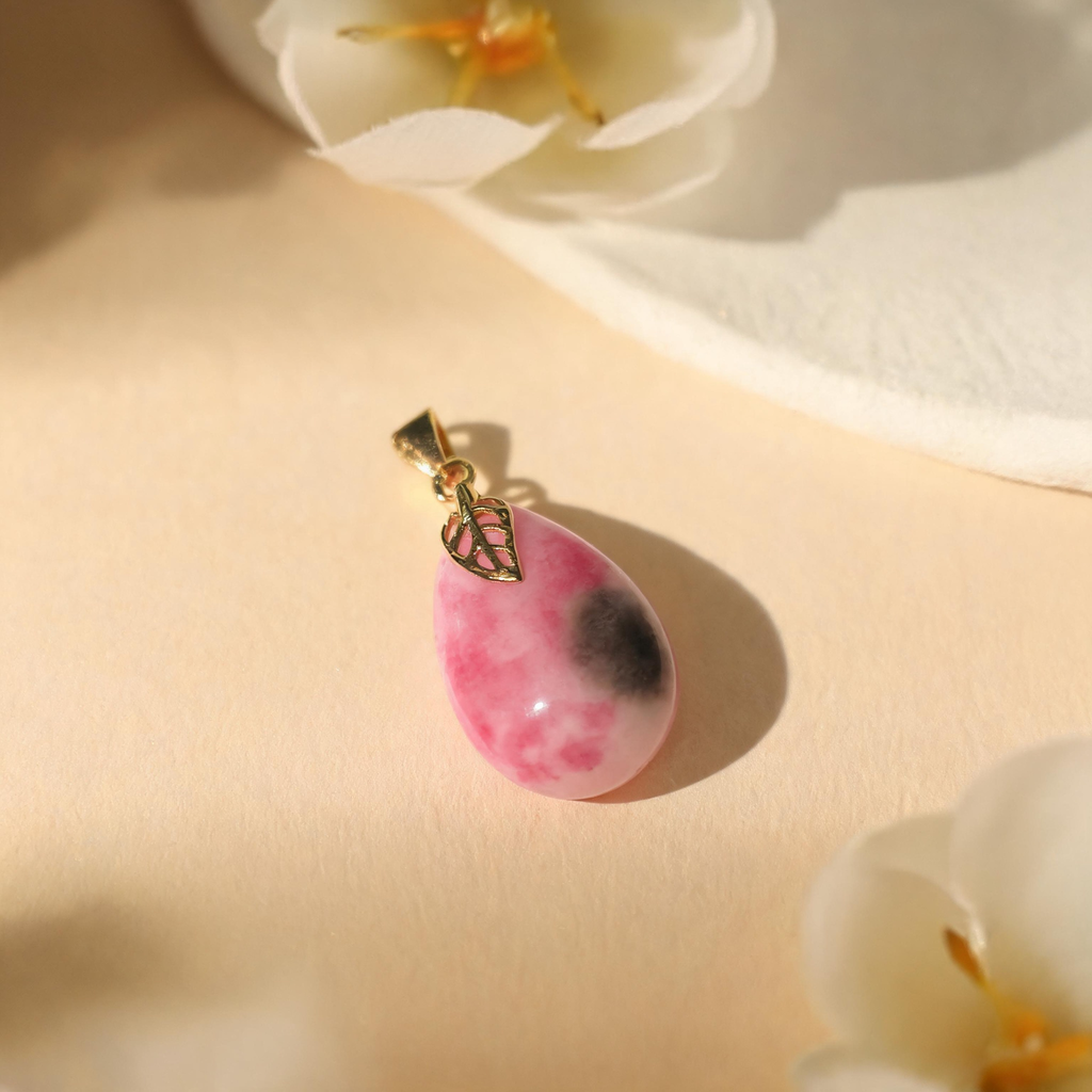 Natural Pink‑Grey Multicolor Jade Teardrop Pendant, Gold‑Plated Leaf Connector, Elegant Natural Gemstone Necklace Charm for Women Daily Wear & Gift