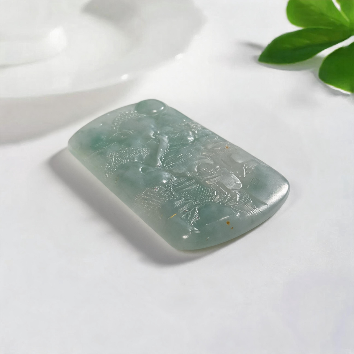Natural Burmese Light Blue‑Green Grade‑A Jadeite Hand‑Carved Landscape Plaque Pendant, Traditional Chinese Mountain‑River Scenery Jade Necklace Charm for Men Women